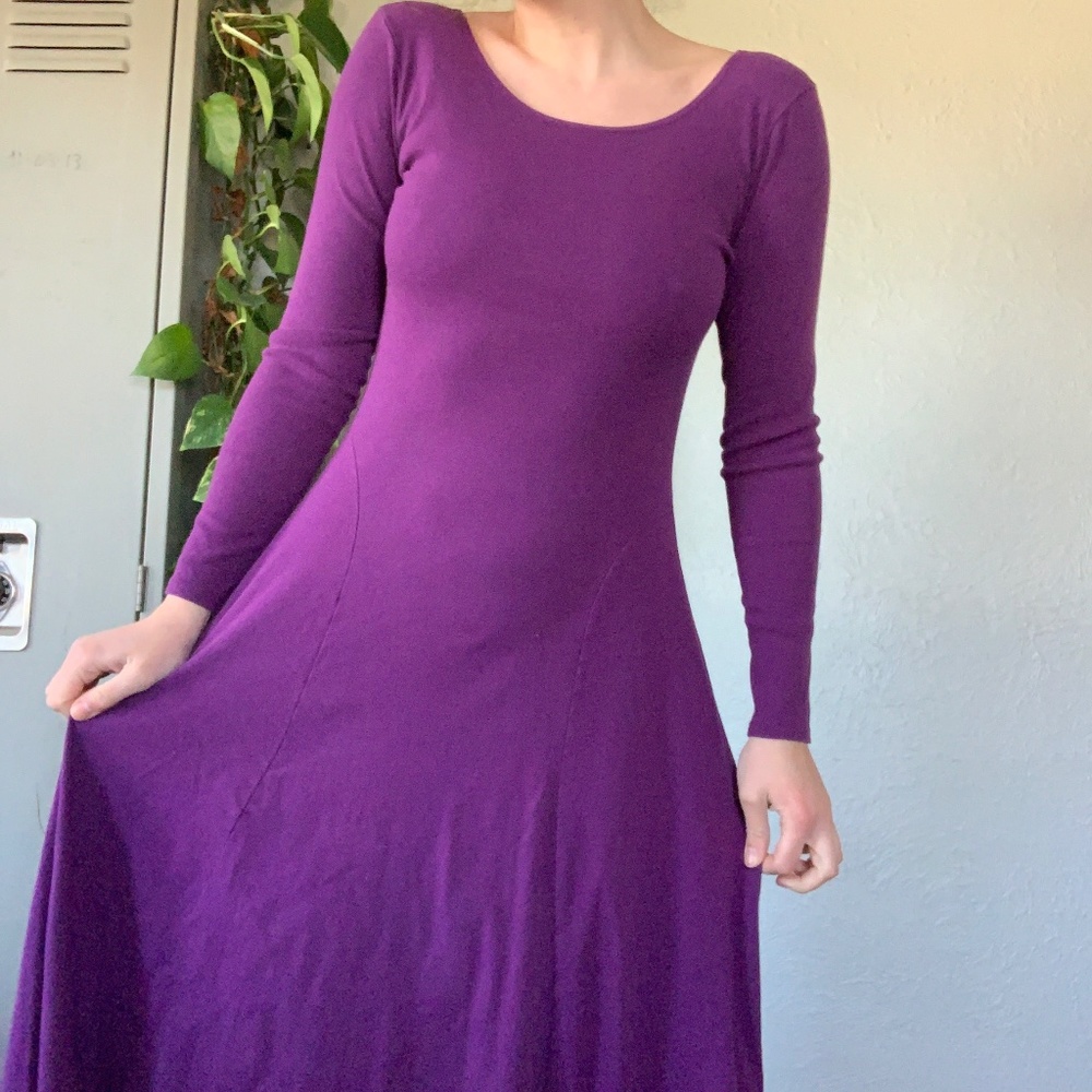 purple fit and flare long-sleeve dress